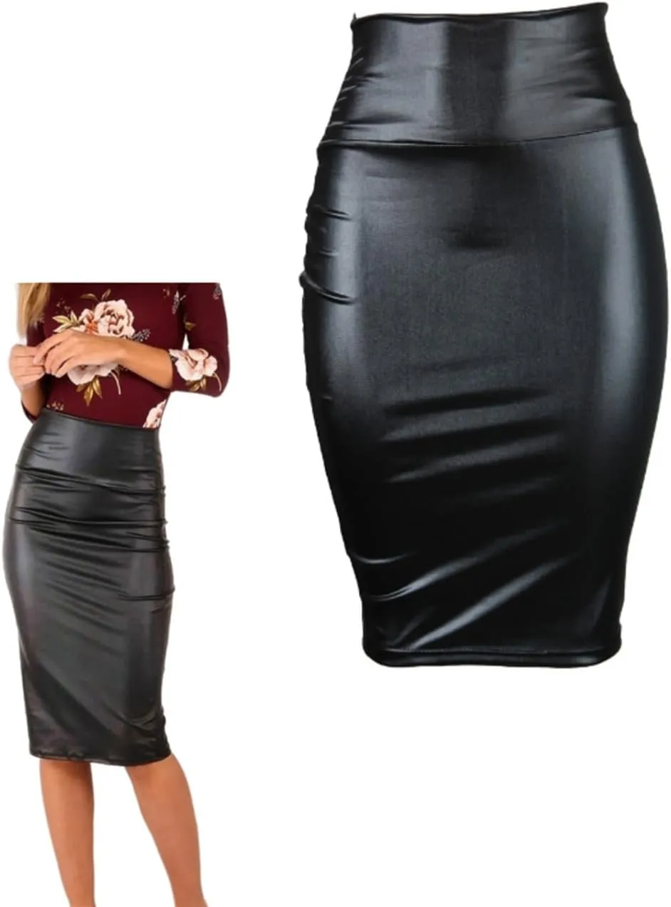 Women PU Skirt, High Waist Bodycon Pencil Midi Skirt, Black Work Office Mini Skirt, Casual Slim Midi Hip Skirt