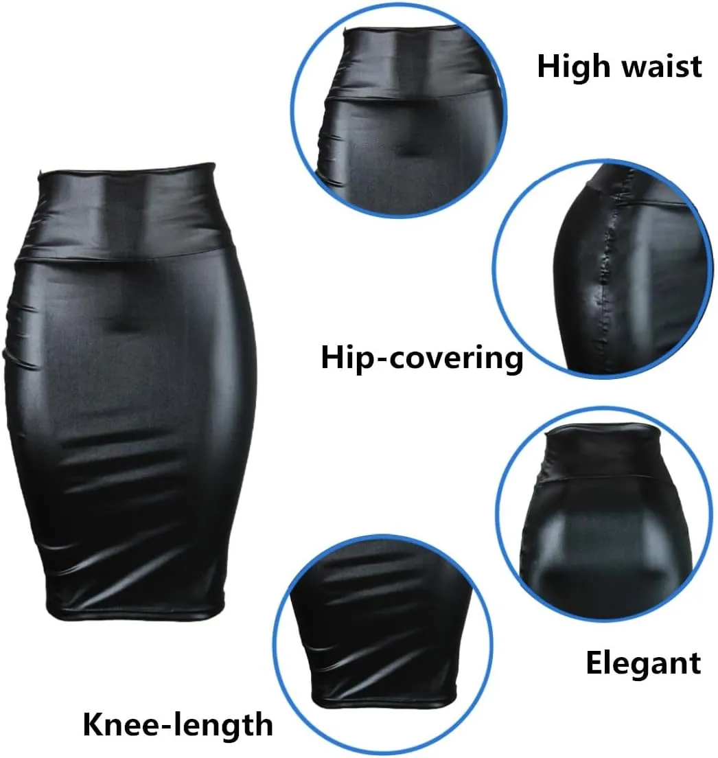 Women PU Skirt, High Waist Bodycon Pencil Midi Skirt, Black Work Office Mini Skirt, Casual Slim Midi Hip Skirt