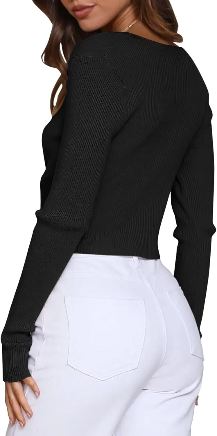 Women Ribbed Square Neck Long Sleeve Pullover Sweaters Knit Fitted Basic T Shirts
