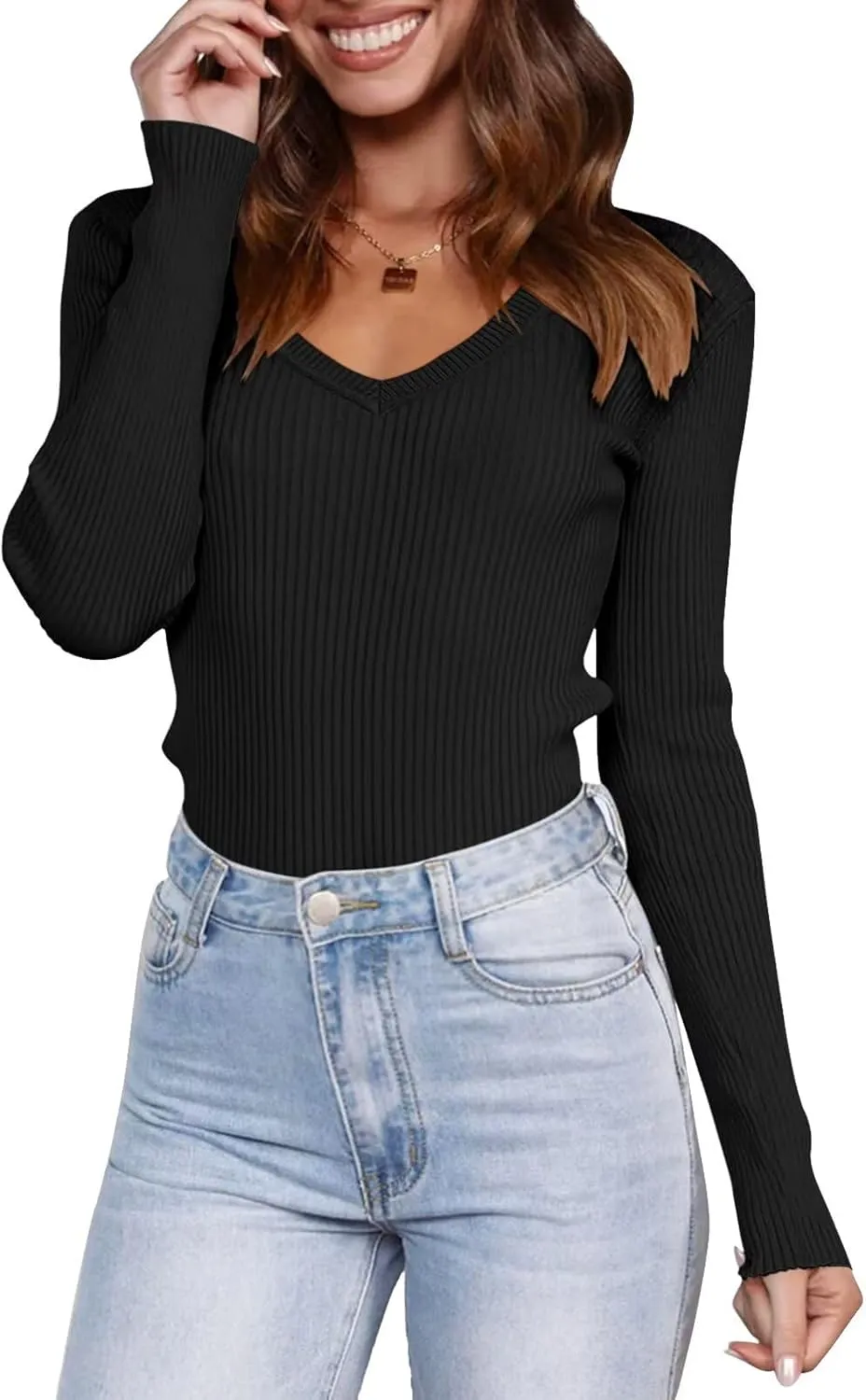 Women Ribbed Square Neck Long Sleeve Pullover Sweaters Knit Fitted Basic T Shirts
