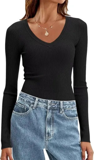 Women Ribbed Square Neck Long Sleeve Pullover Sweaters Knit Fitted Basic T Shirts