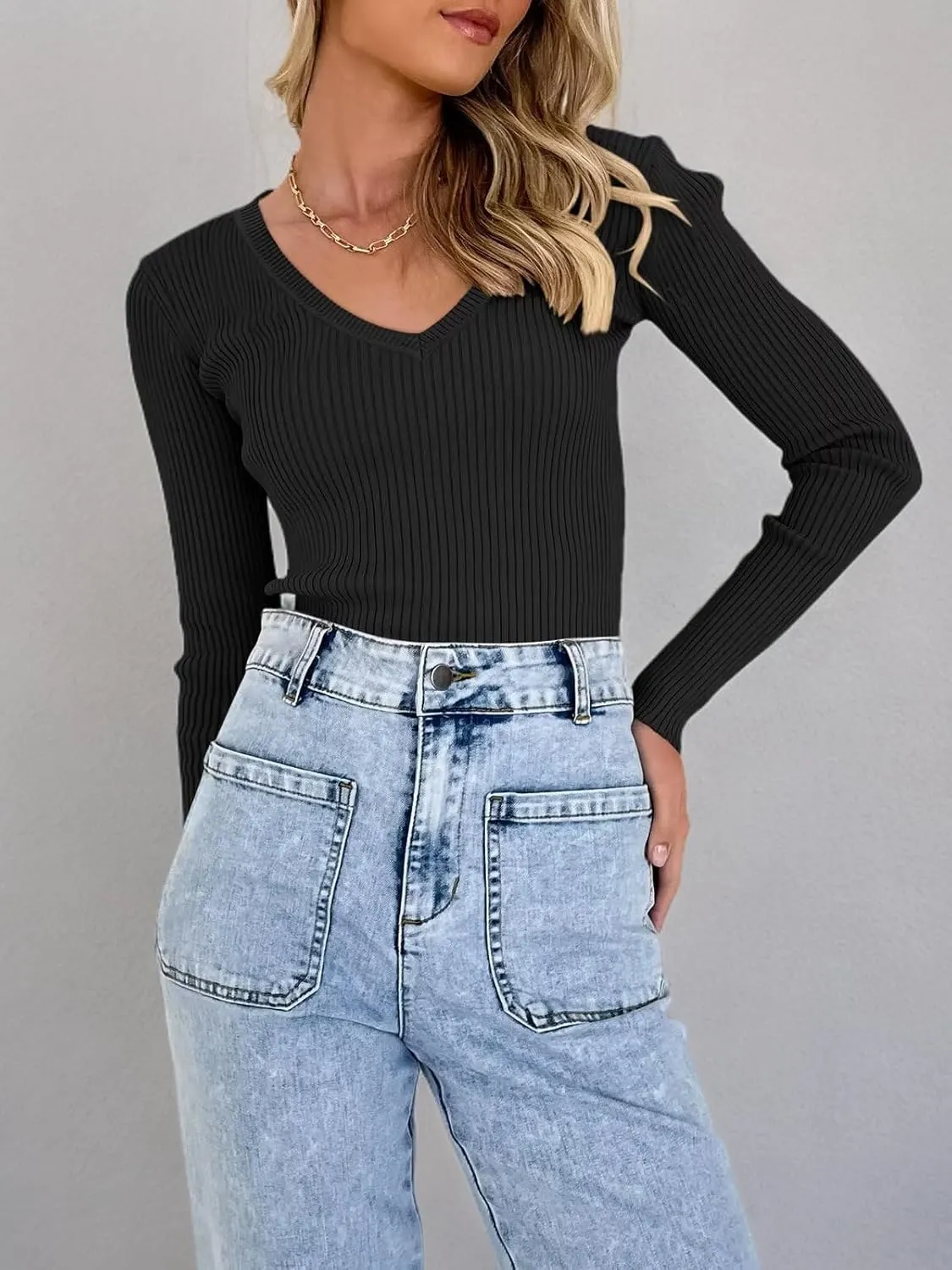 Women Ribbed Square Neck Long Sleeve Pullover Sweaters Knit Fitted Basic T Shirts