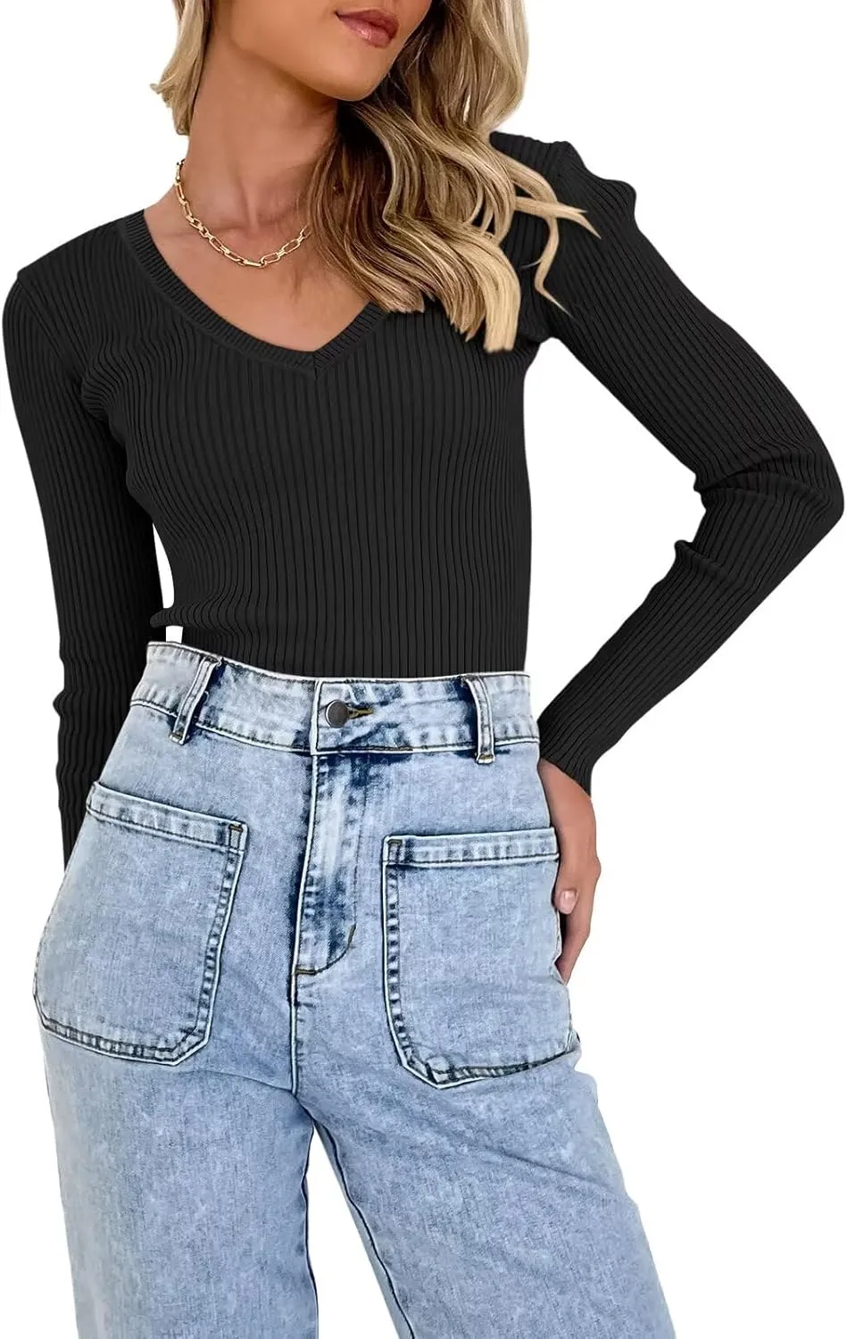 Women Ribbed Square Neck Long Sleeve Pullover Sweaters Knit Fitted Basic T Shirts