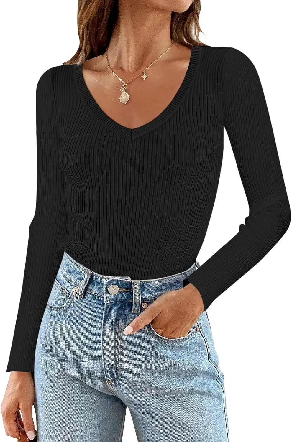 Women Ribbed Square Neck Long Sleeve Pullover Sweaters Knit Fitted Basic T Shirts