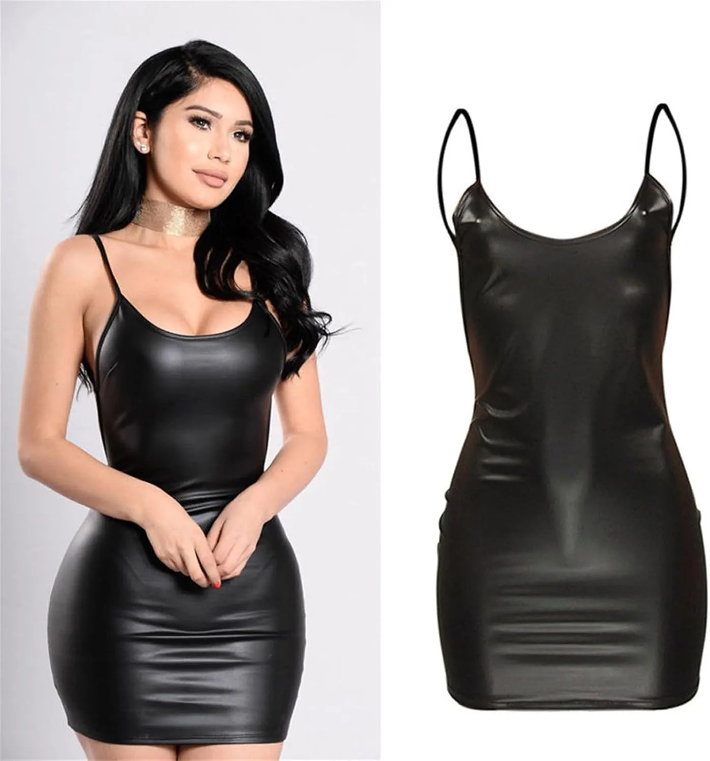 Women Sexy Black Dress Faux Leather Short Dress Top Short Club Dress Wet Look Latex Push Up Bra Mini Dresses Womens