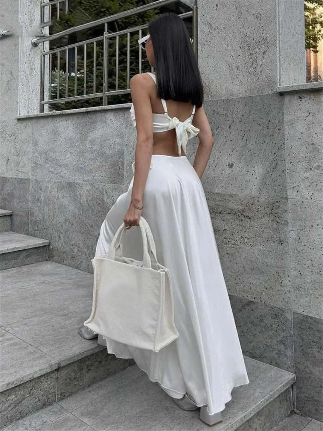 Women Sexy Loose Satin 2 Piece Sets Outfit Strap High Waist Maxi Skirt Set