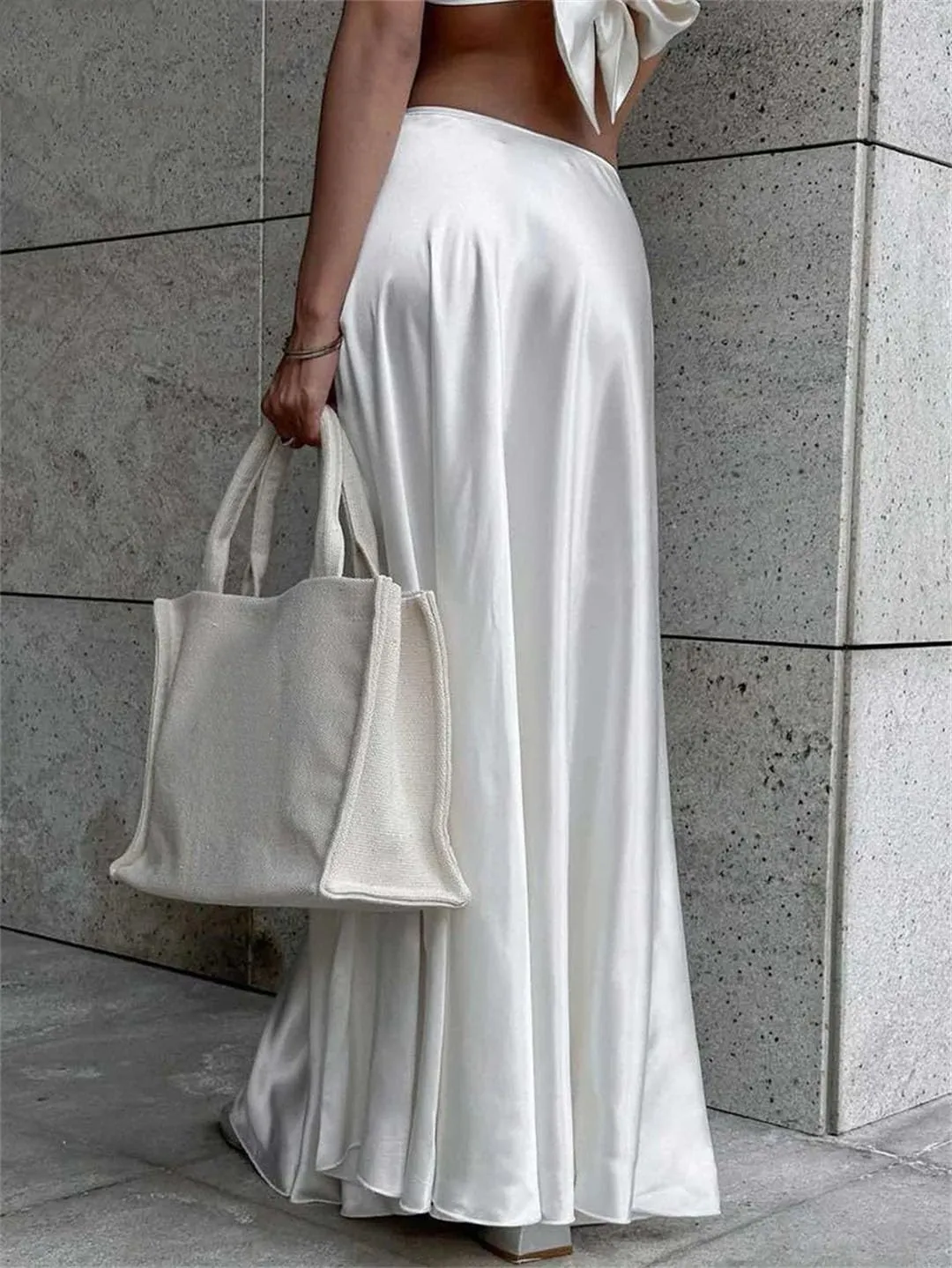 Women Sexy Loose Satin 2 Piece Sets Outfit Strap High Waist Maxi Skirt Set