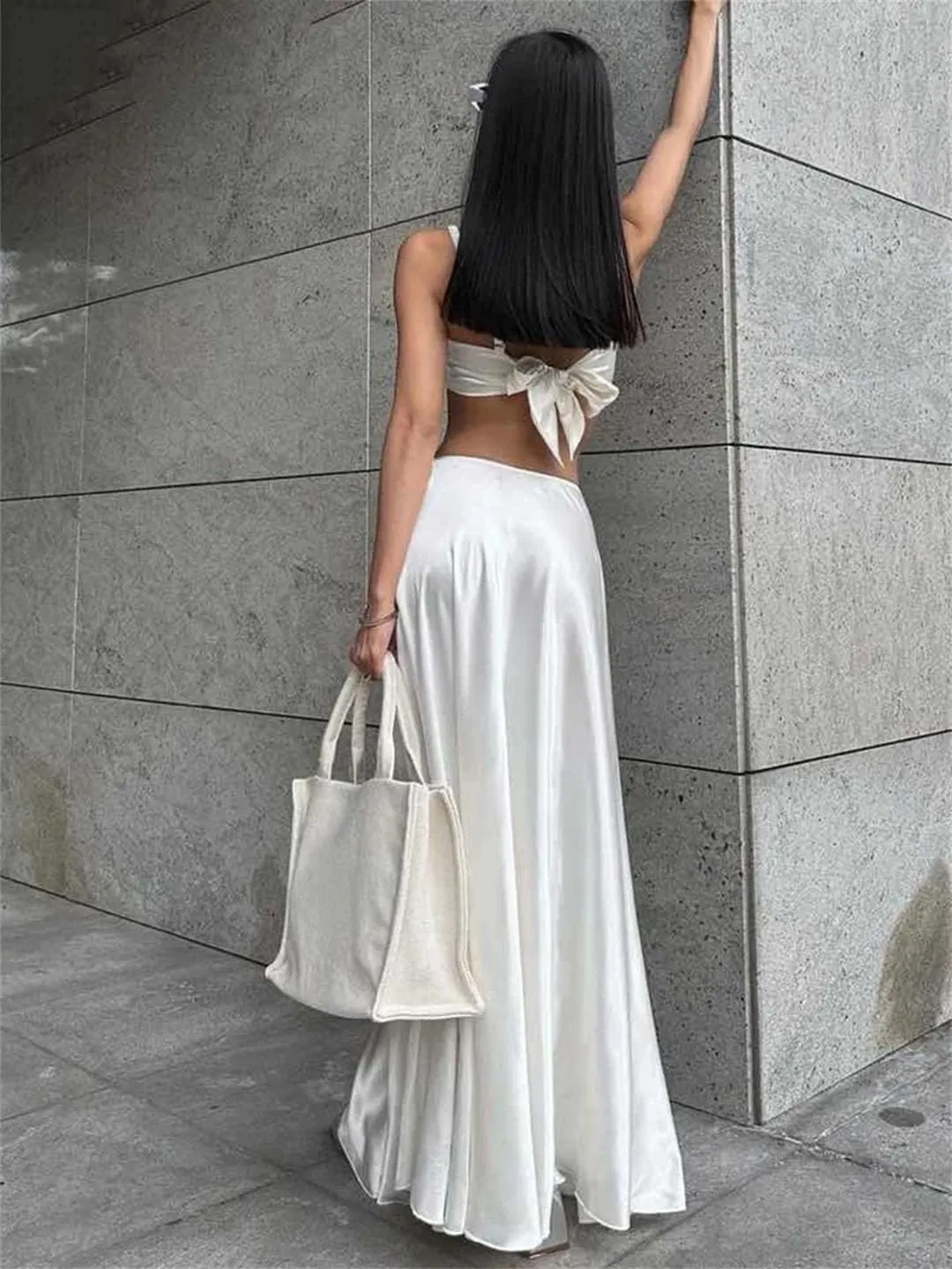 Women Sexy Loose Satin 2 Piece Sets Outfit Strap High Waist Maxi Skirt Set