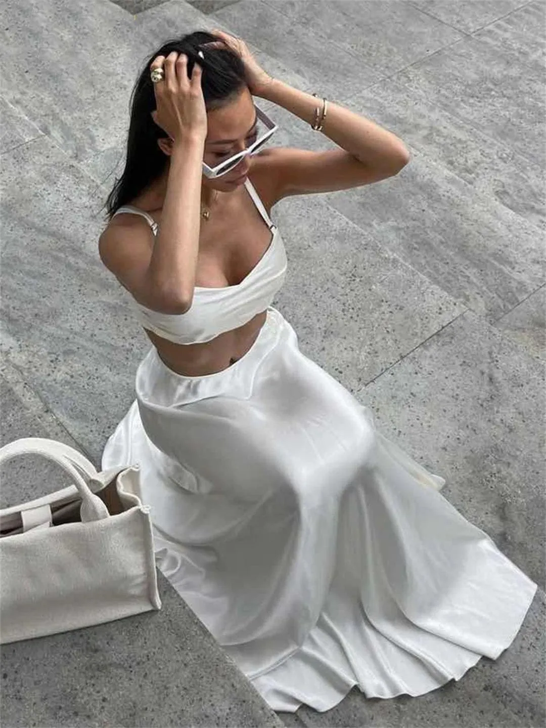 Women Sexy Loose Satin 2 Piece Sets Outfit Strap High Waist Maxi Skirt Set