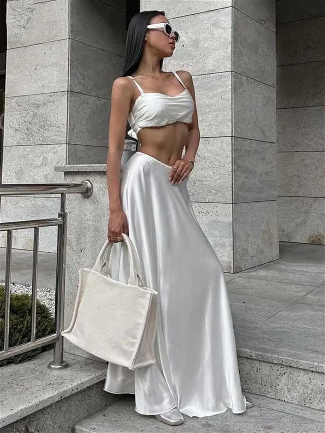 Women Sexy Loose Satin 2 Piece Sets Outfit Strap High Waist Maxi Skirt Set