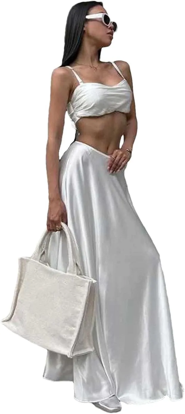 Women Sexy Loose Satin 2 Piece Sets Outfit Strap High Waist Maxi Skirt Set