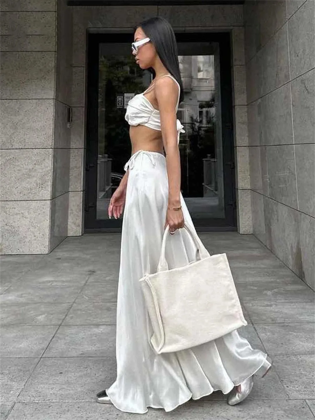 Women Sexy Loose Satin 2 Piece Sets Outfit Strap High Waist Maxi Skirt Set