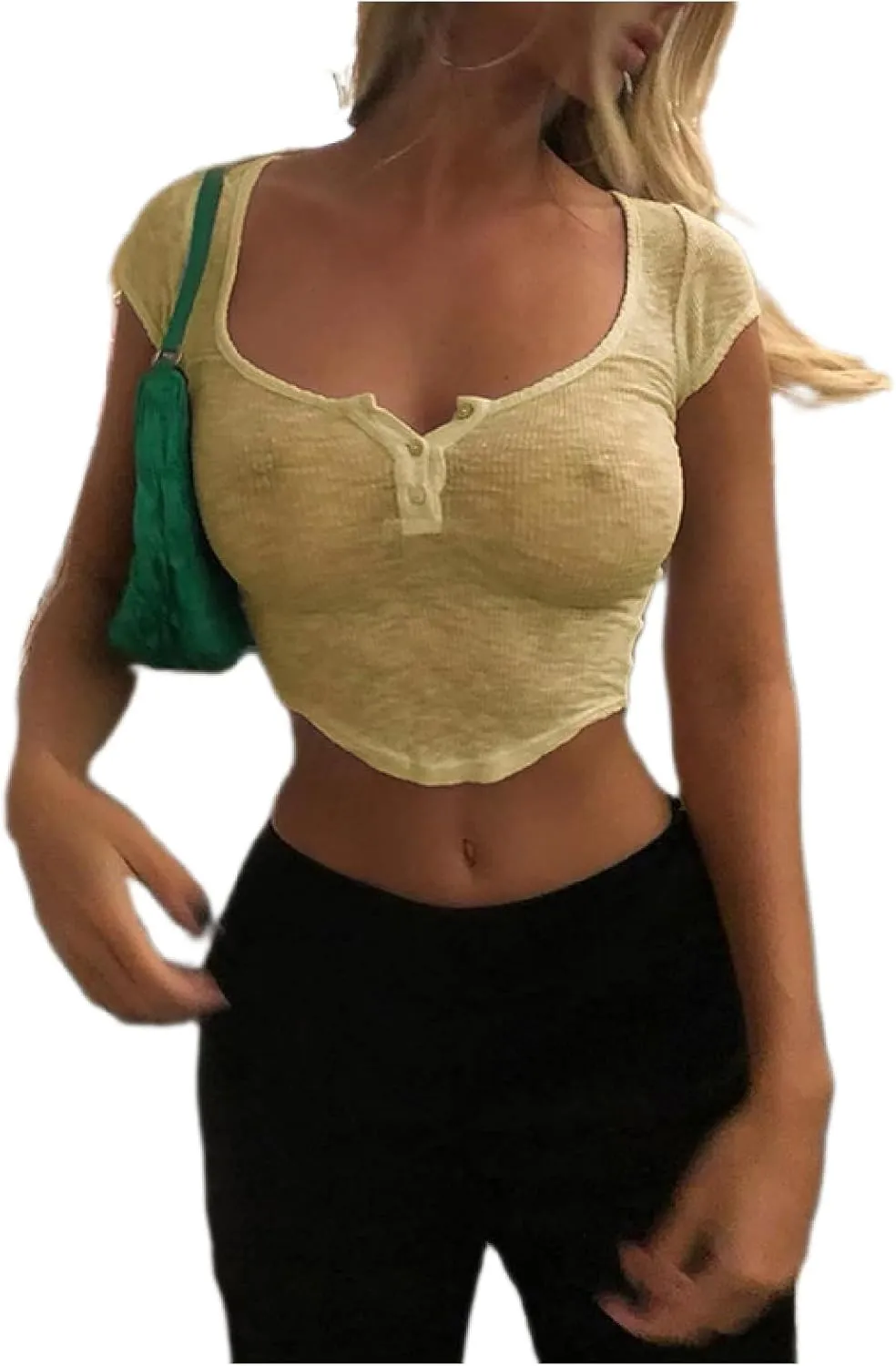 Women Sexy See Through Tops Y2k Teen Girls Slim Fit Short Sleeve Transparent Baby Tee Summer Sheer Cropped Tshirt