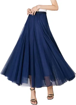 Women Solid High Waist Tulle Mesh Loose A-Line Skirts