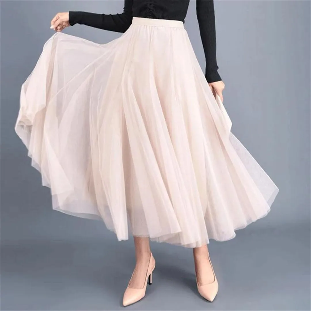 Women Solid High Waist Tulle Mesh Loose A-Line Skirts