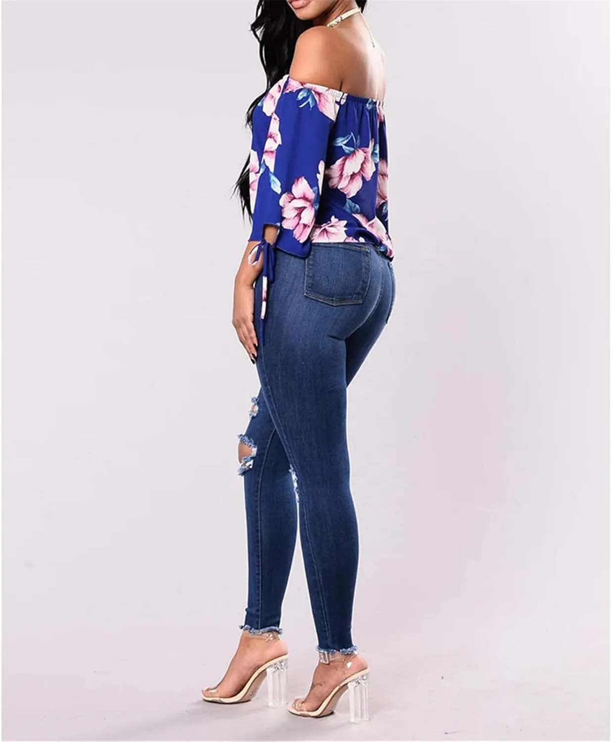 Women Stretch Skinny Ripped Jeans High Waist Pencil Pant Narrow Straight Leg Wrap HIPS Plus Size Trousers