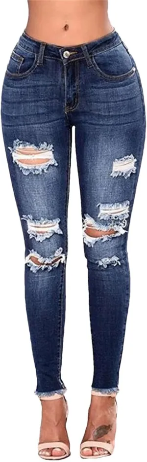 Women Stretch Skinny Ripped Jeans High Waist Pencil Pant Narrow Straight Leg Wrap HIPS Plus Size Trousers
