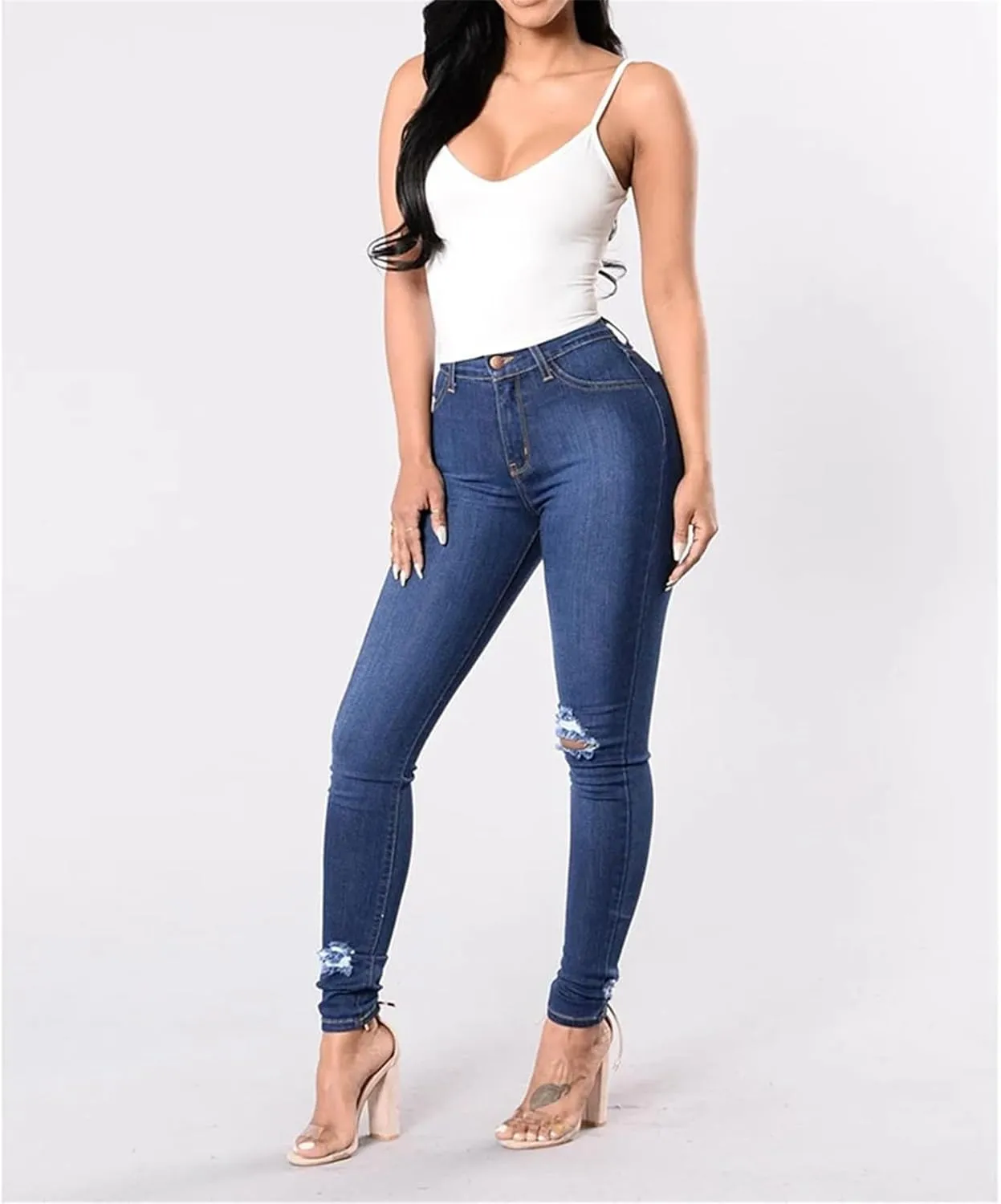 Women Stretch Skinny Ripped Jeans High Waist Pencil Pant Narrow Straight Leg Wrap HIPS Plus Size Trousers