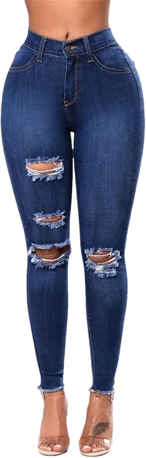 Women Stretch Skinny Ripped Jeans High Waist Pencil Pant Narrow Straight Leg Wrap HIPS Plus Size Trousers
