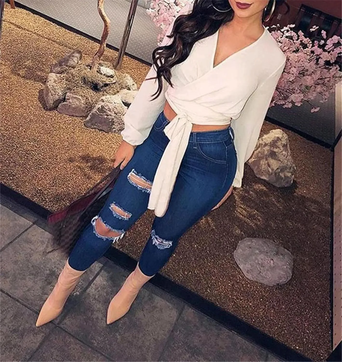 Women Stretch Skinny Ripped Jeans High Waist Pencil Pant Narrow Straight Leg Wrap HIPS Plus Size Trousers