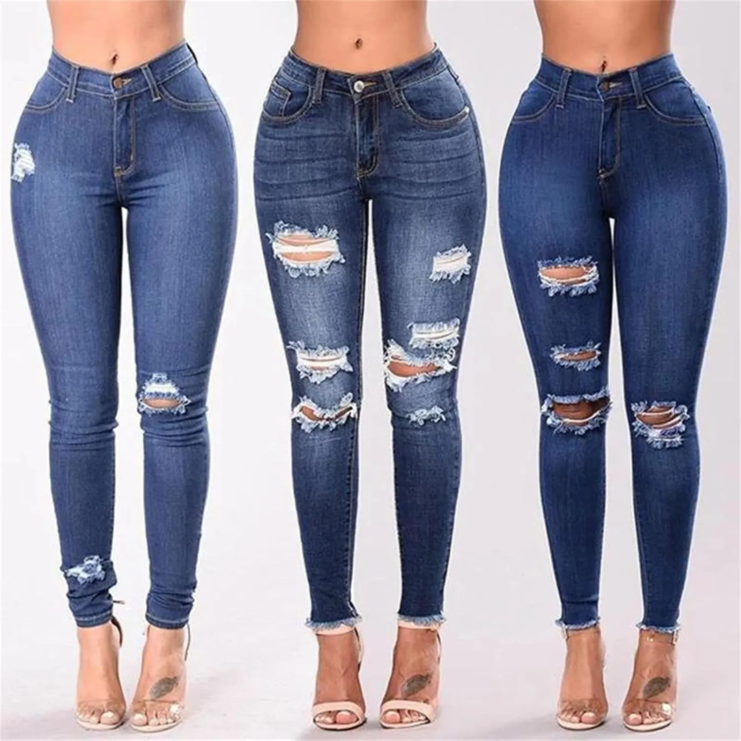 Women Stretch Skinny Ripped Jeans High Waist Pencil Pant Narrow Straight Leg Wrap HIPS Plus Size Trousers