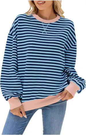 Women Sweatshir Striped Oversized Long Sleeve Crewneck Hoodies Shirt 2024 Fall Pullover Top Trendy Preppy Clothes