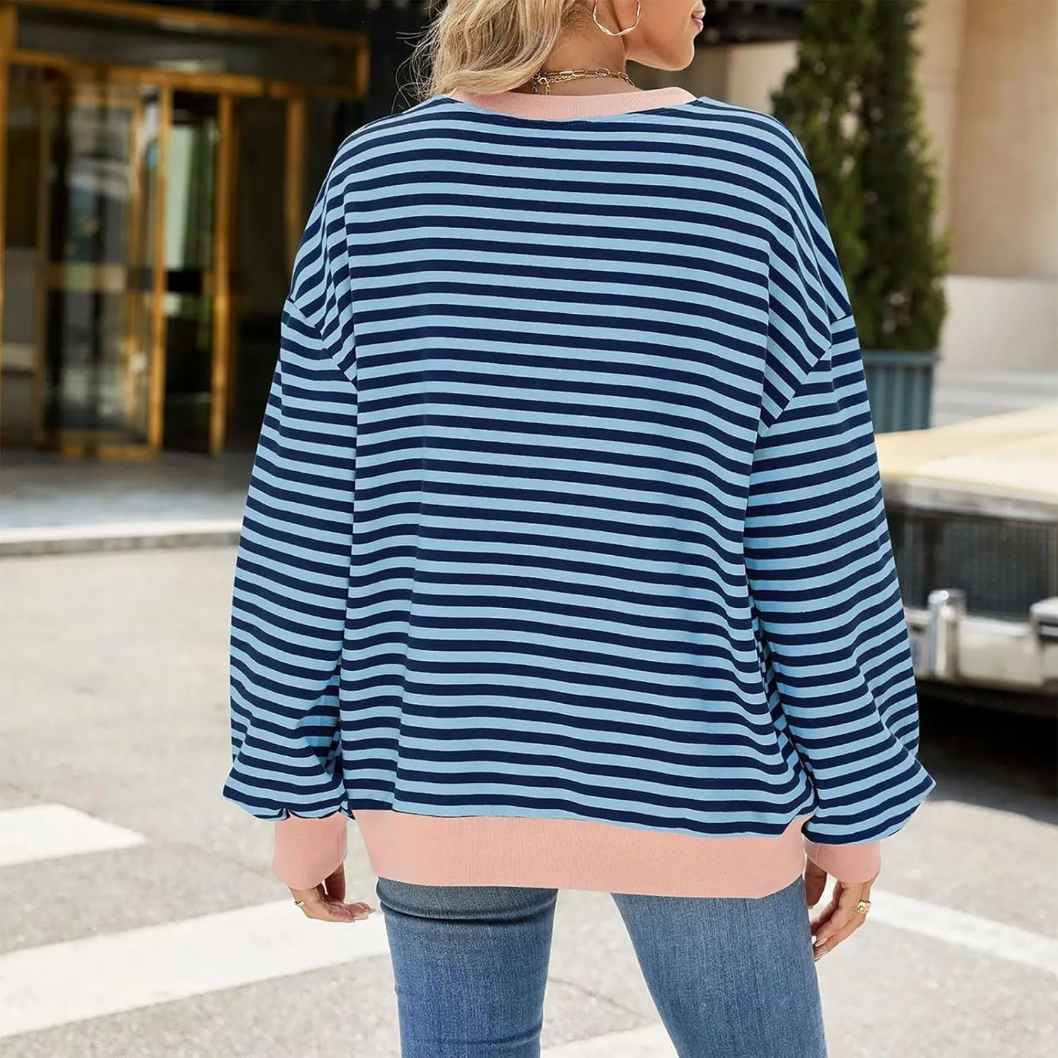 Women Sweatshir Striped Oversized Long Sleeve Crewneck Hoodies Shirt 2024 Fall Pullover Top Trendy Preppy Clothes