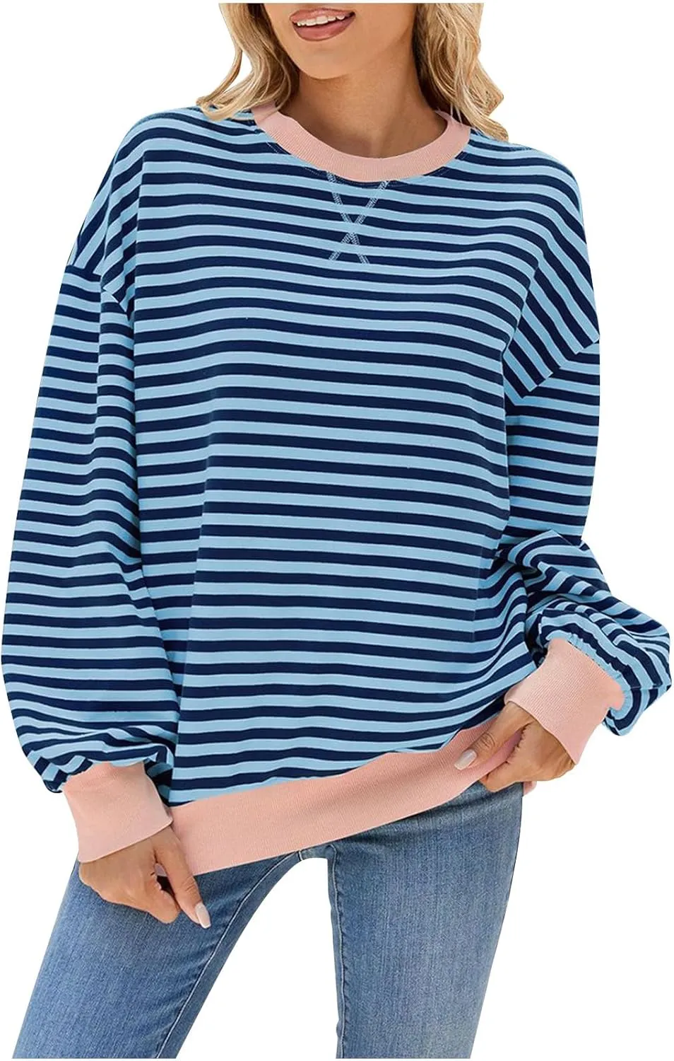 Women Sweatshir Striped Oversized Long Sleeve Crewneck Hoodies Shirt 2024 Fall Pullover Top Trendy Preppy Clothes
