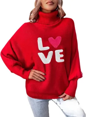 Women Valentines Day Turtleneck Sweaters for Teen Girls Heart Print Oversized Long Sleeve Knit Pullovers Tops(Red Love,S)