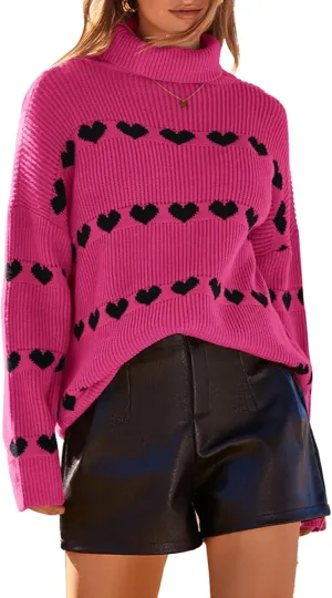 Women Valentines Day Turtleneck Sweaters for Teen Girls Heart Print Oversized Long Sleeve Knit Pullovers Tops(Rosy Red,XL)