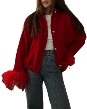 Women Velvet Fur Trim Button Up Shirts Long Sleeve Feather Patchwork Open Front Tops Trendy Holiday Jacket Outwear