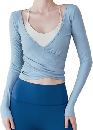 Women Y2k Cross Wrap Crop Top Long Sleeve Deep V Neck Slim Fit T-Shirt Coquette Yoga Workout Blouse