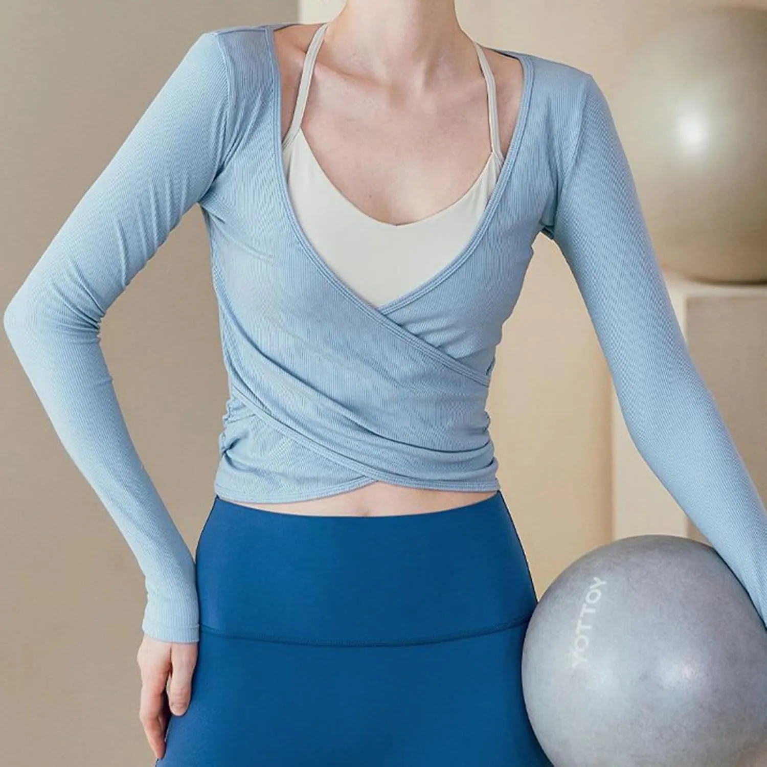 Women Y2k Cross Wrap Crop Top Long Sleeve Deep V Neck Slim Fit T-Shirt Coquette Yoga Workout Blouse
