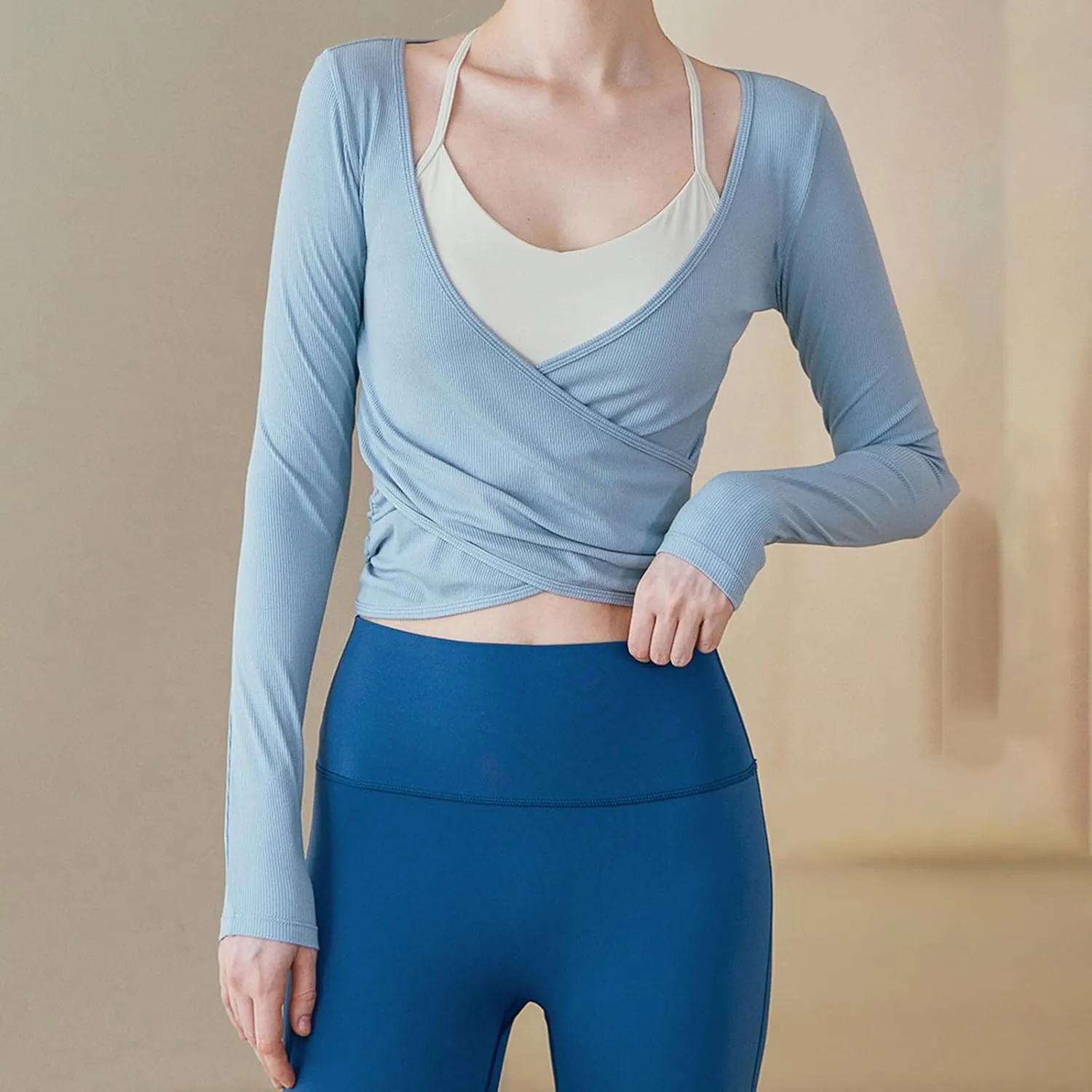 Women Y2k Cross Wrap Crop Top Long Sleeve Deep V Neck Slim Fit T-Shirt Coquette Yoga Workout Blouse