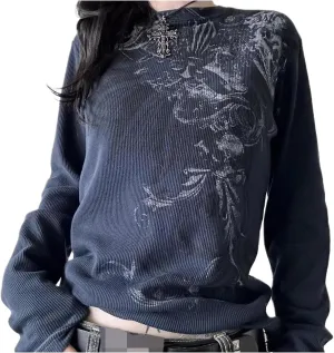 Women Y2k Fairy Grunge Shirt Vintage Graphic Print Long Sleeve Tee Tops Teen Girls Aesthetic Clothes Streetwear