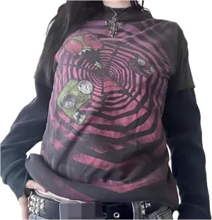 Women Y2k Fairy Grunge Shirt Vintage Graphic Print Long Sleeve Tee Tops Teen Girls Aesthetic Clothes Streetwear