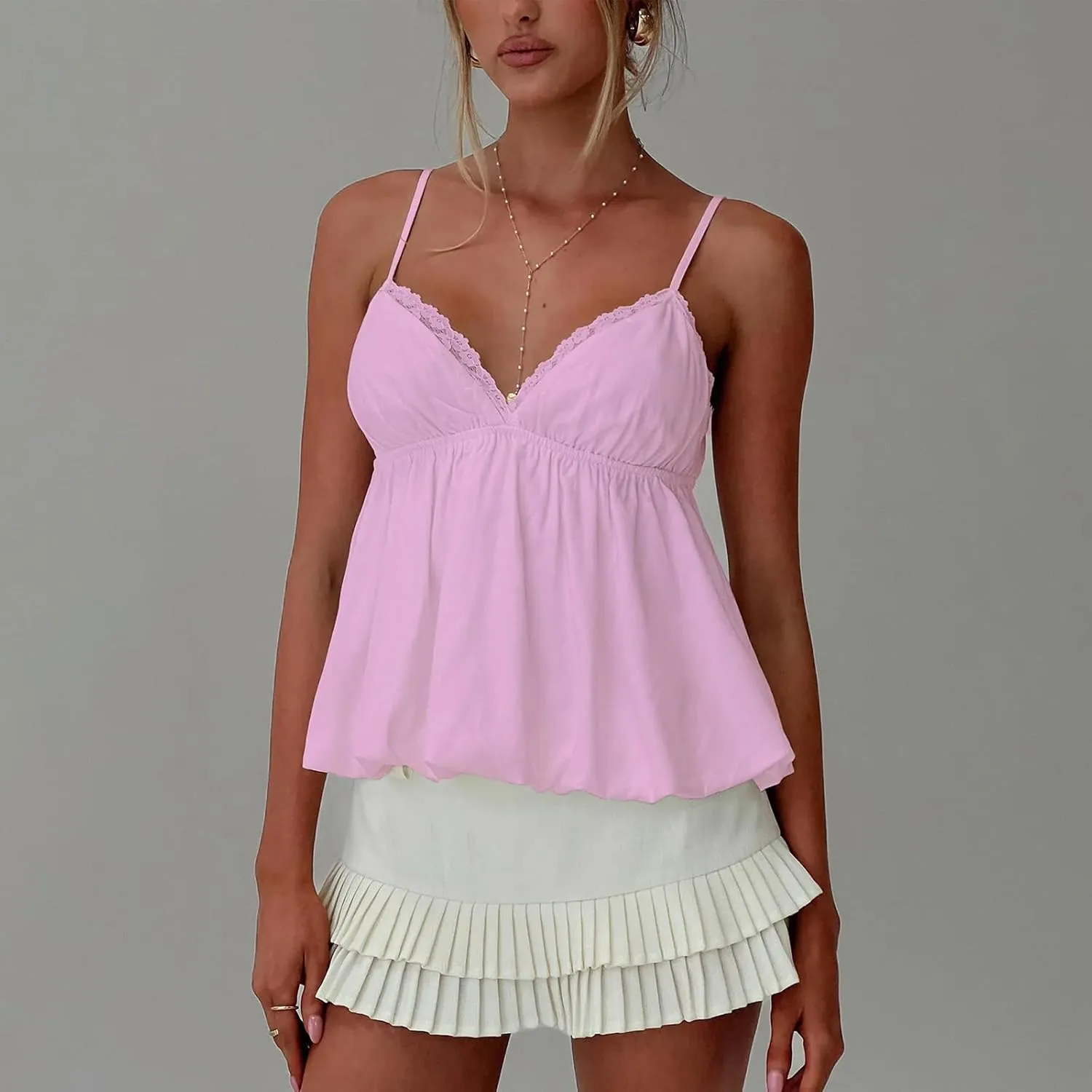Women Y2k Floral Camisole Sleeveless V Neck Flowy Peplum Cami Top Sexy Ruffle Babydoll Tank Tops Summer Streetwear