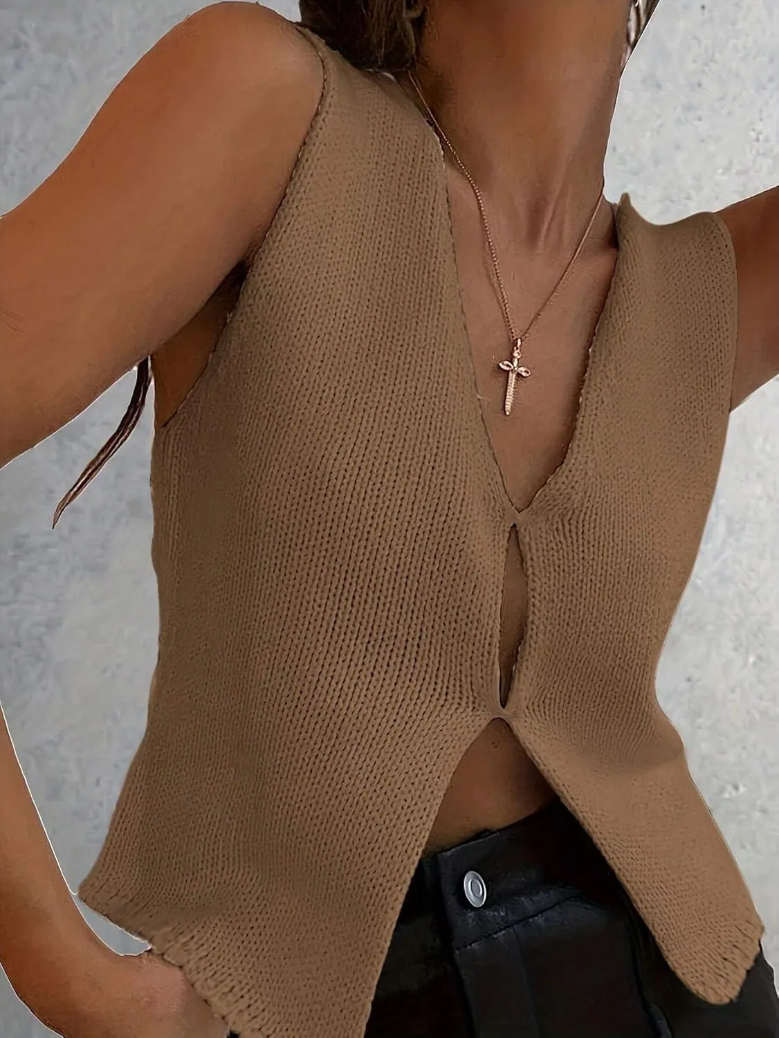 Women Y2k Hook and Eye V Neck Knit Vest Top Sleeveless Solid Slim Fit Causal Vintage Crochet Sweater Tank Top