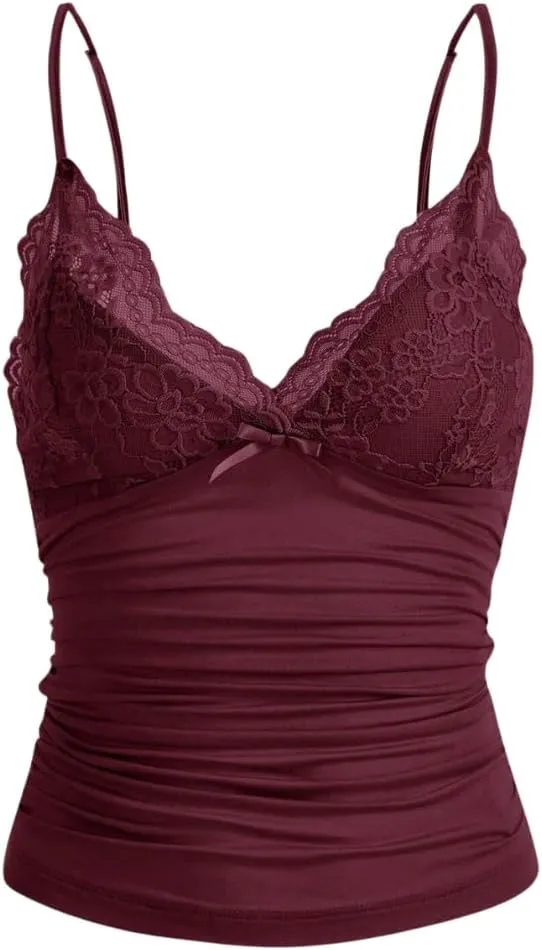 Women Y2k Lace Trim Cami Top Spaghetti Strap Fairy Grunge Tank Top V Neck Ruched Bow Lace Patchwork Cami Shirt
