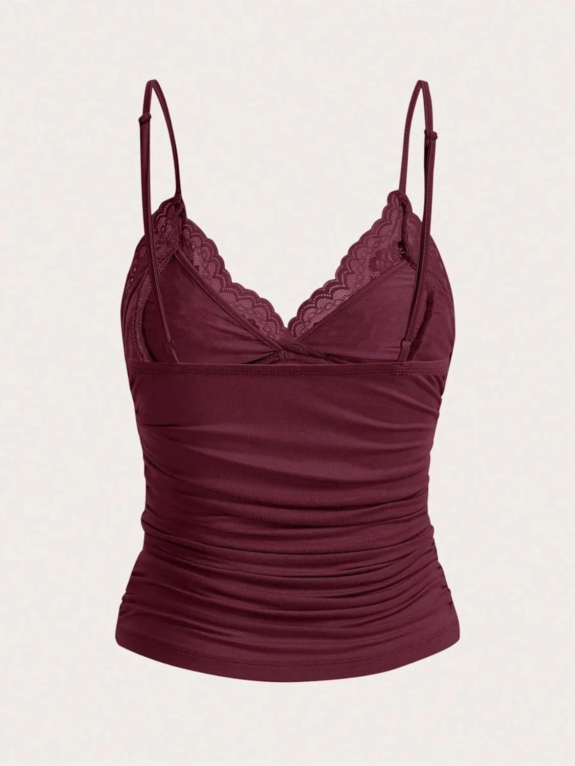 Women Y2k Lace Trim Cami Top Spaghetti Strap Fairy Grunge Tank Top V Neck Ruched Bow Lace Patchwork Cami Shirt