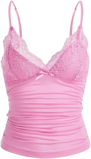 Women Y2k Lace Trim Cami Top Spaghetti Strap Fairy Grunge Tank Top V Neck Ruched Bow Lace Patchwork Cami Shirt