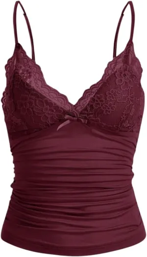 Women Y2k Lace Trim Cami Top Spaghetti Strap Fairy Grunge Tank Top V Neck Ruched Bow Lace Patchwork Cami Shirt