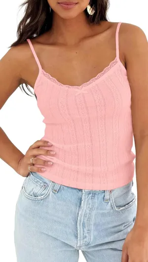 Women Y2k Lace Trim Pointelle Spaghetti Strap Crop Tank Tops Cute Bow V Neck Backless Going Out Camisole Shirts