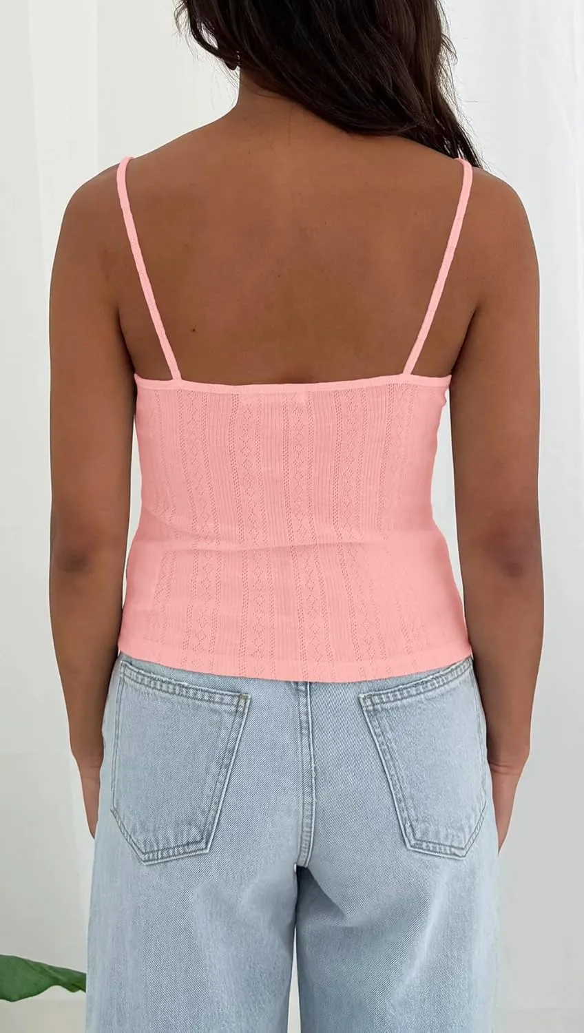 Women Y2k Lace Trim Pointelle Spaghetti Strap Crop Tank Tops Cute Bow V Neck Backless Going Out Camisole Shirts