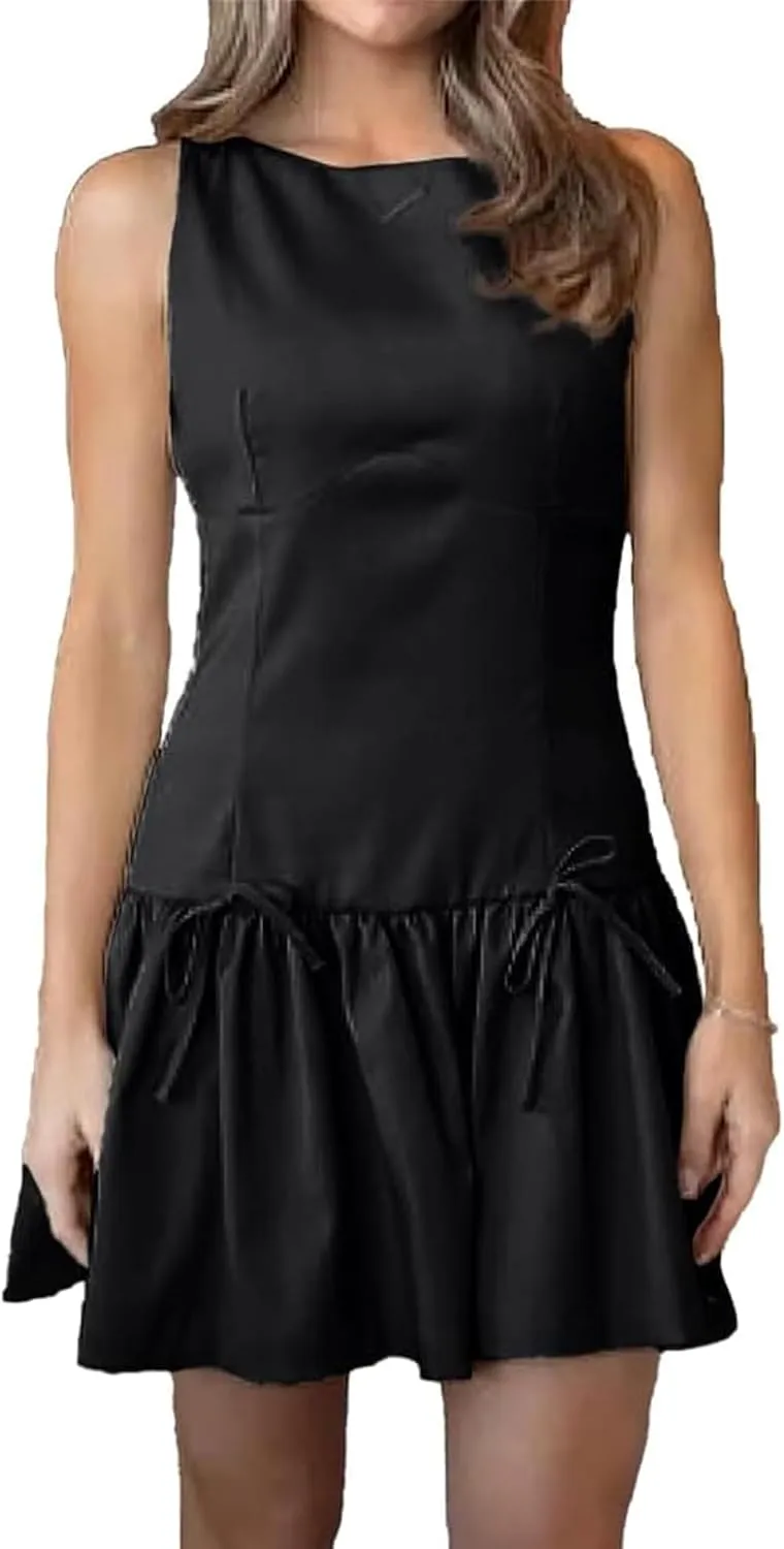 Women Y2k Mini Dress with Bow Sleeveless Pleated A-Line Dress Boat Neck Zipper Back Cocktail Party Tank Mini Dress