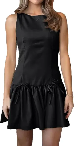 Women Y2k Mini Dress with Bow Sleeveless Pleated A-Line Dress Boat Neck Zipper Back Cocktail Party Tank Mini Dress