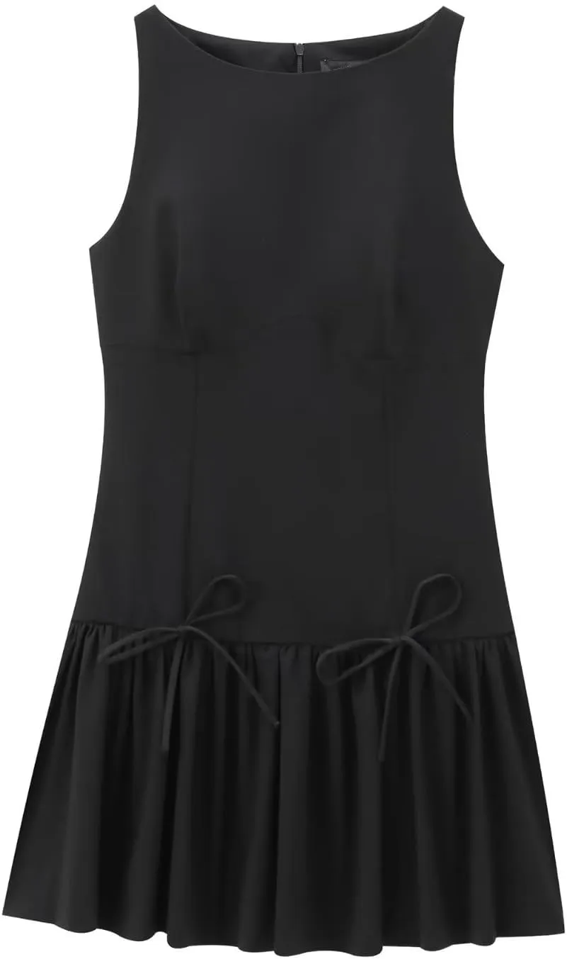 Women Y2k Mini Dress with Bow Sleeveless Pleated A-Line Dress Boat Neck Zipper Back Cocktail Party Tank Mini Dress