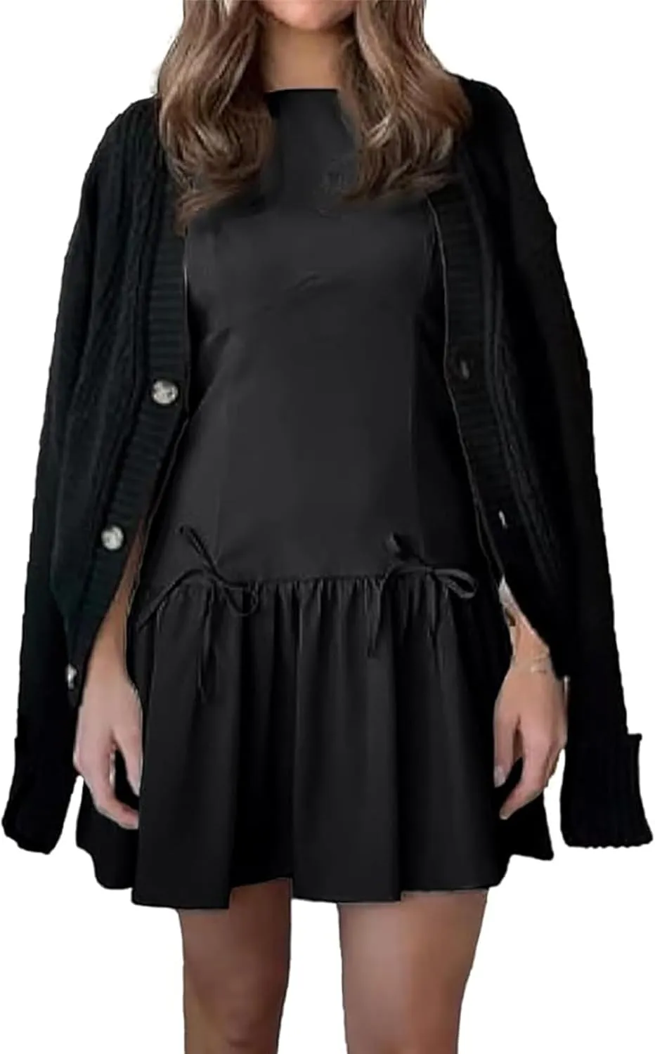 Women Y2k Mini Dress with Bow Sleeveless Pleated A-Line Dress Boat Neck Zipper Back Cocktail Party Tank Mini Dress