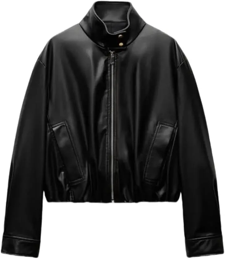 Women Y2k Motorcycle Long Sleeve Stand Collar Leather Jacket Casual PU Zipper Coat Outerwear