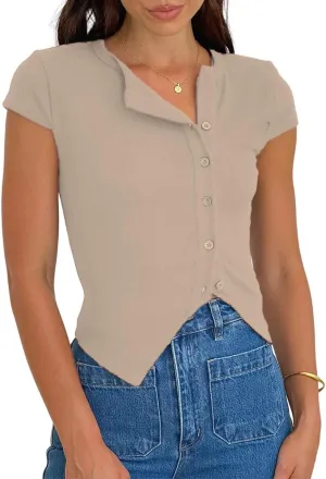 Women Y2K Short Cap Sleeve Button Down Ribbed Crop Shirt Trendy V Neck Casual Slim Fit Asymmetrical Split Hem Tee